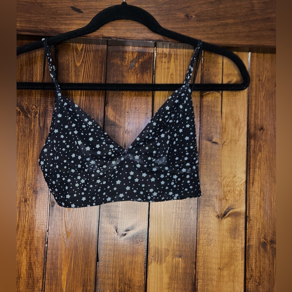 Le Lis, black bra top with white stars, small; never been worn/ with tags